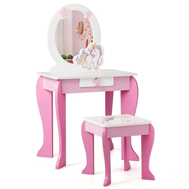 Kids Wooden Makeup Dressing Table and Chair Set with Mirror and Drawer 